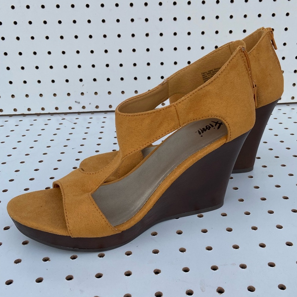 Fioni | Mustard Yellow Sandals | Women Suede Wedge Heel Height Butterscotch